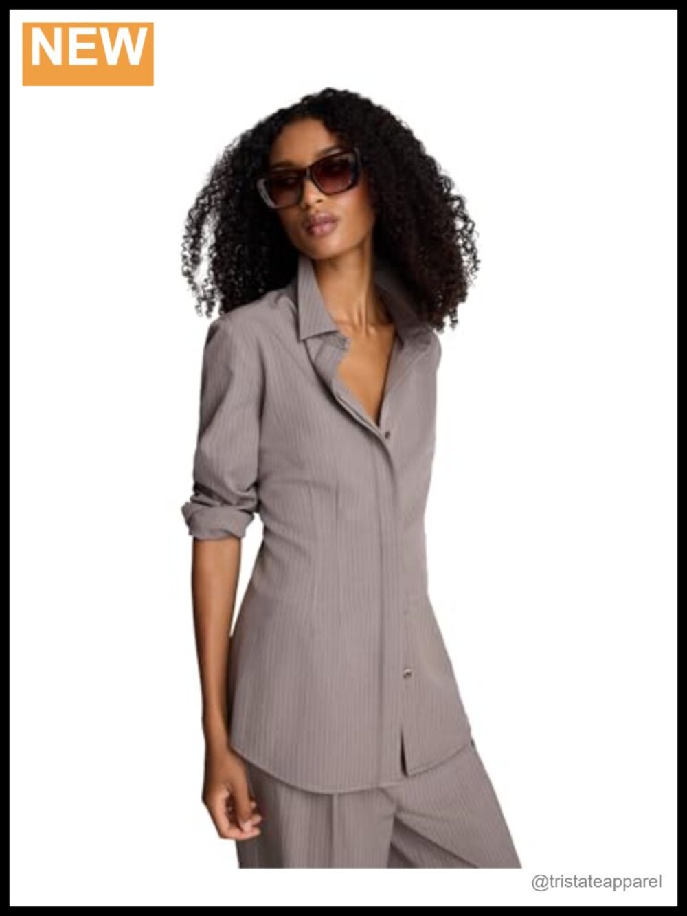 Pinstripe Fitted Button Down Shirt Blouse Women's Long Sleeve Office Work